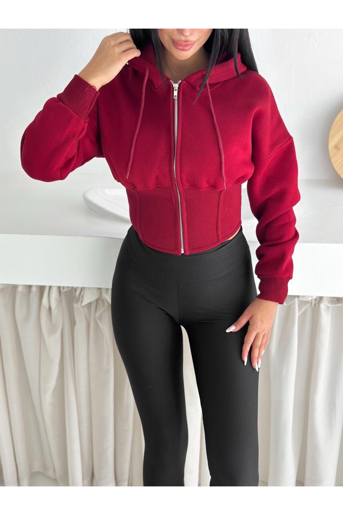 Kadın Korse Manşetli 3 İplik Sweatshirt · Bordo · 2 [ty:d15daf018732c3a6]