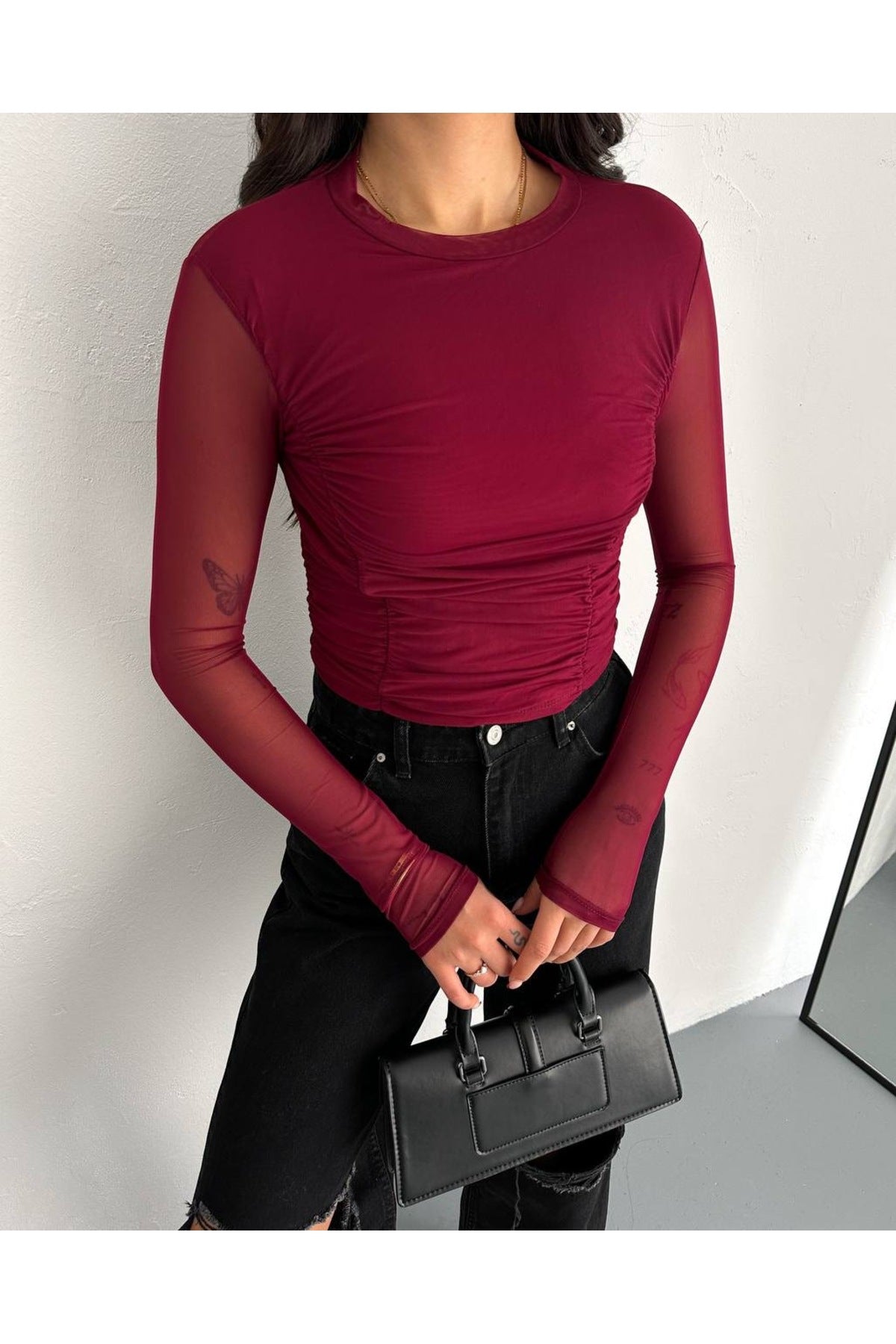 Kadın Tül Detaylı Bluz · Bordo · 3 [ty:a4df87819814bb2c]