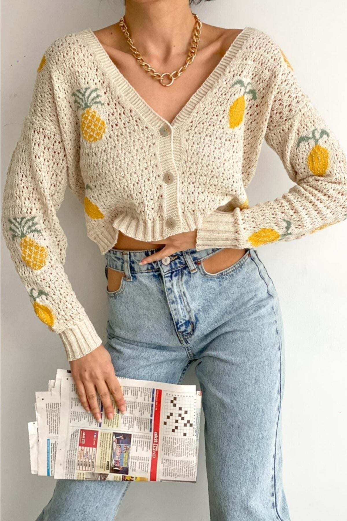 Kadın Ekru Limon Ananas Desenli Hırka · Ekru · 1