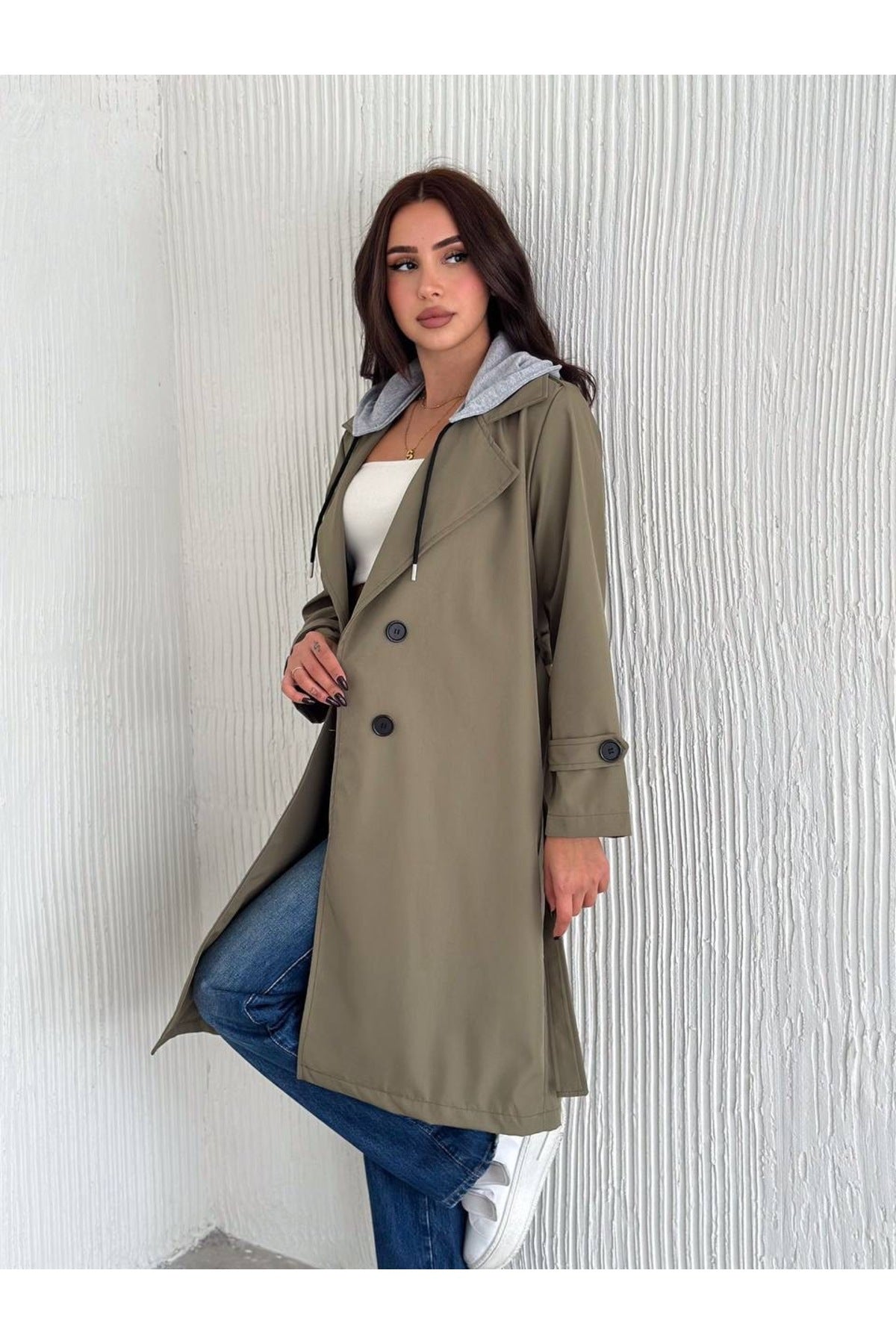 Kadın Gri Kapüşon Detaylı Uzun Trençkot · Yeşil · 1 [ty:2be45230e6a76953]