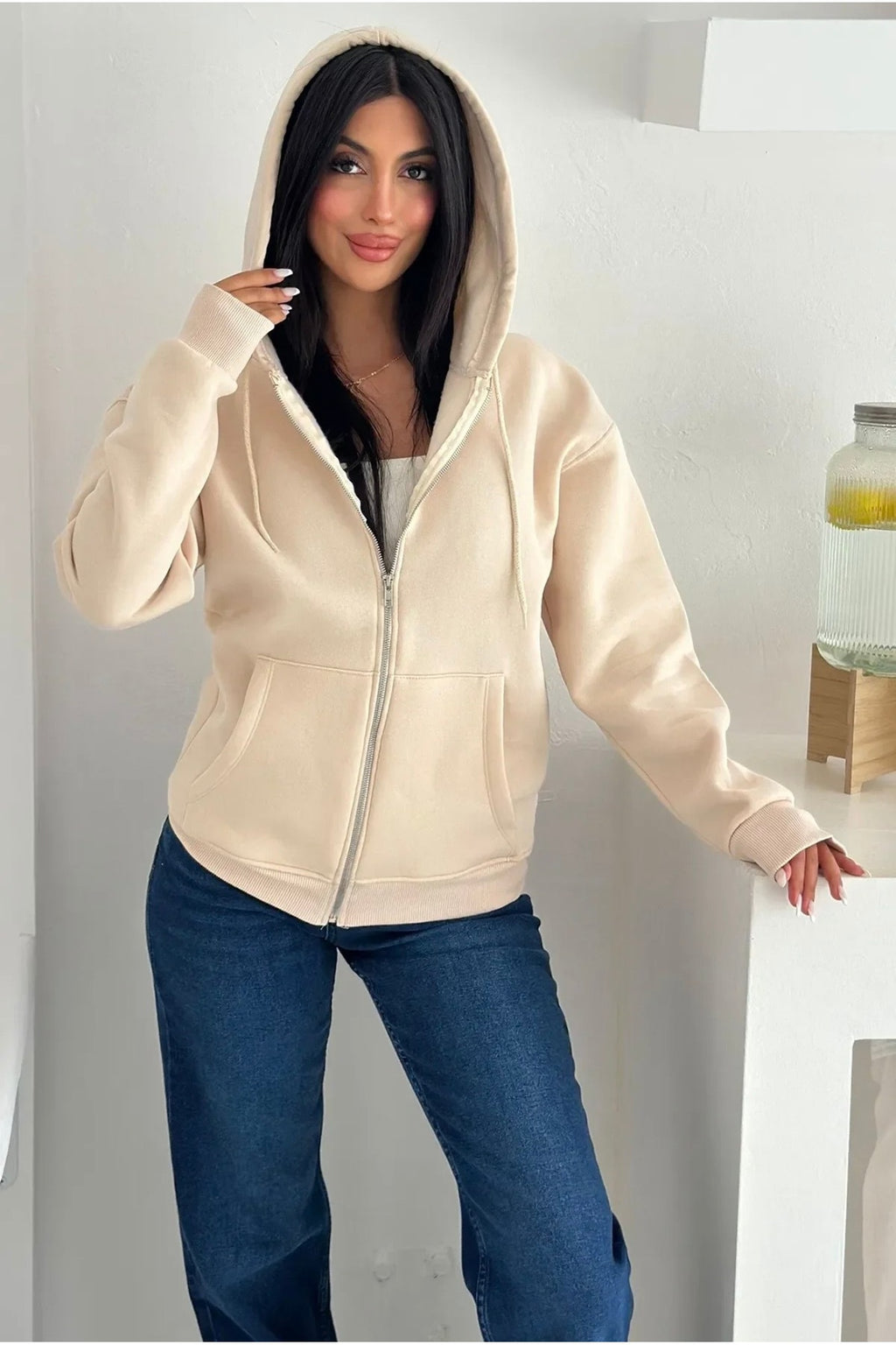 Kadın Fermuarlı Oversize Sweatshirt · Bej · 2 [ty:6e27046e49f2f9fb]