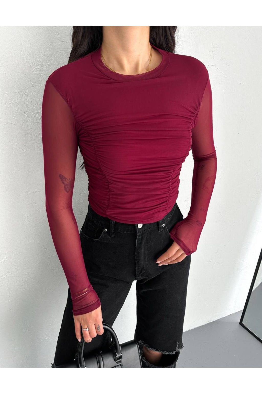Kadın Tül Detaylı Bluz · Bordo · 2 [ty:be3d34d87d4dc5be]
