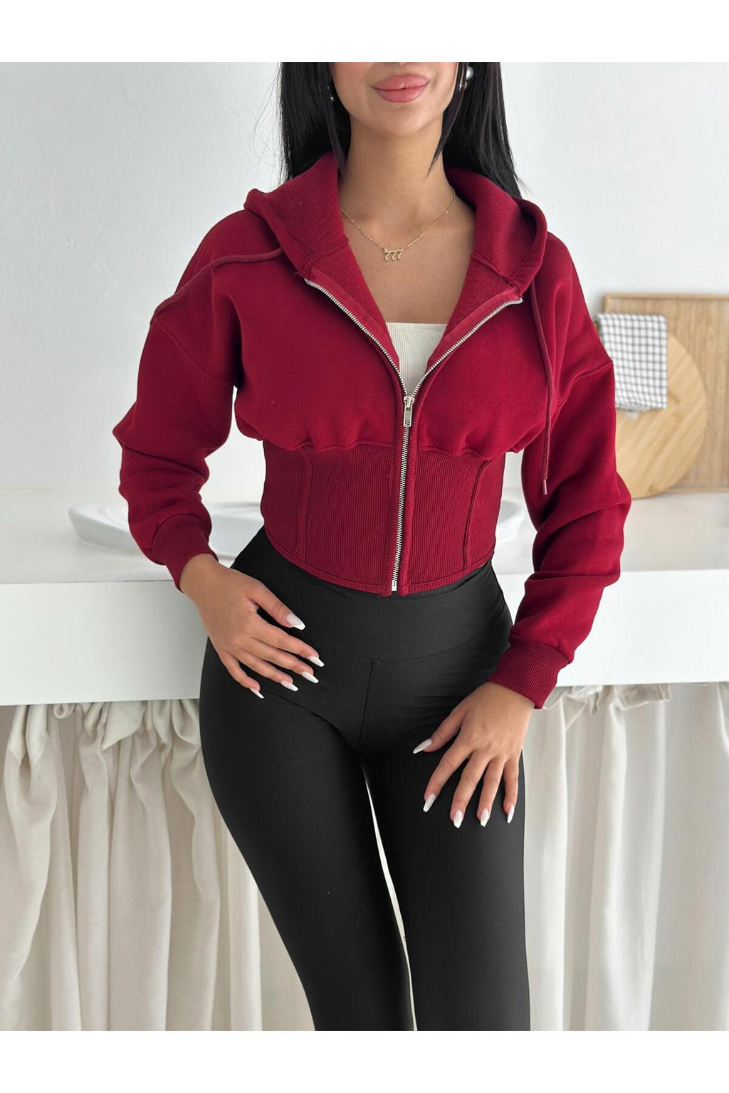 Kadın Korse Manşetli 3 İplik Sweatshirt · Bordo · 5 [ty:8f66d965b39c1238]