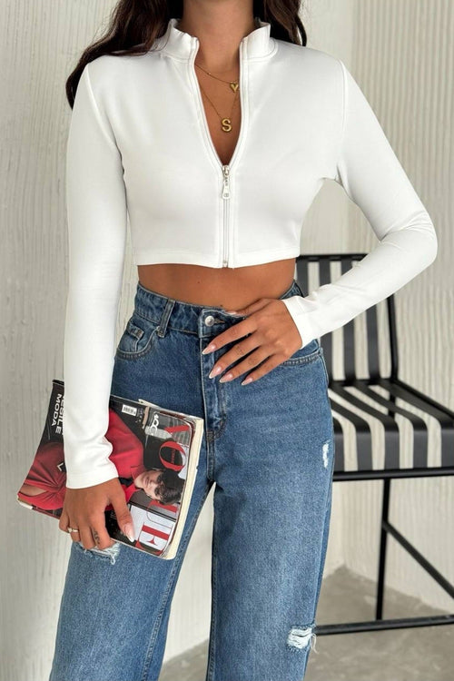 Kadın Fermuarlı Scuba Crop Sweatshirt - Beyaz · 2