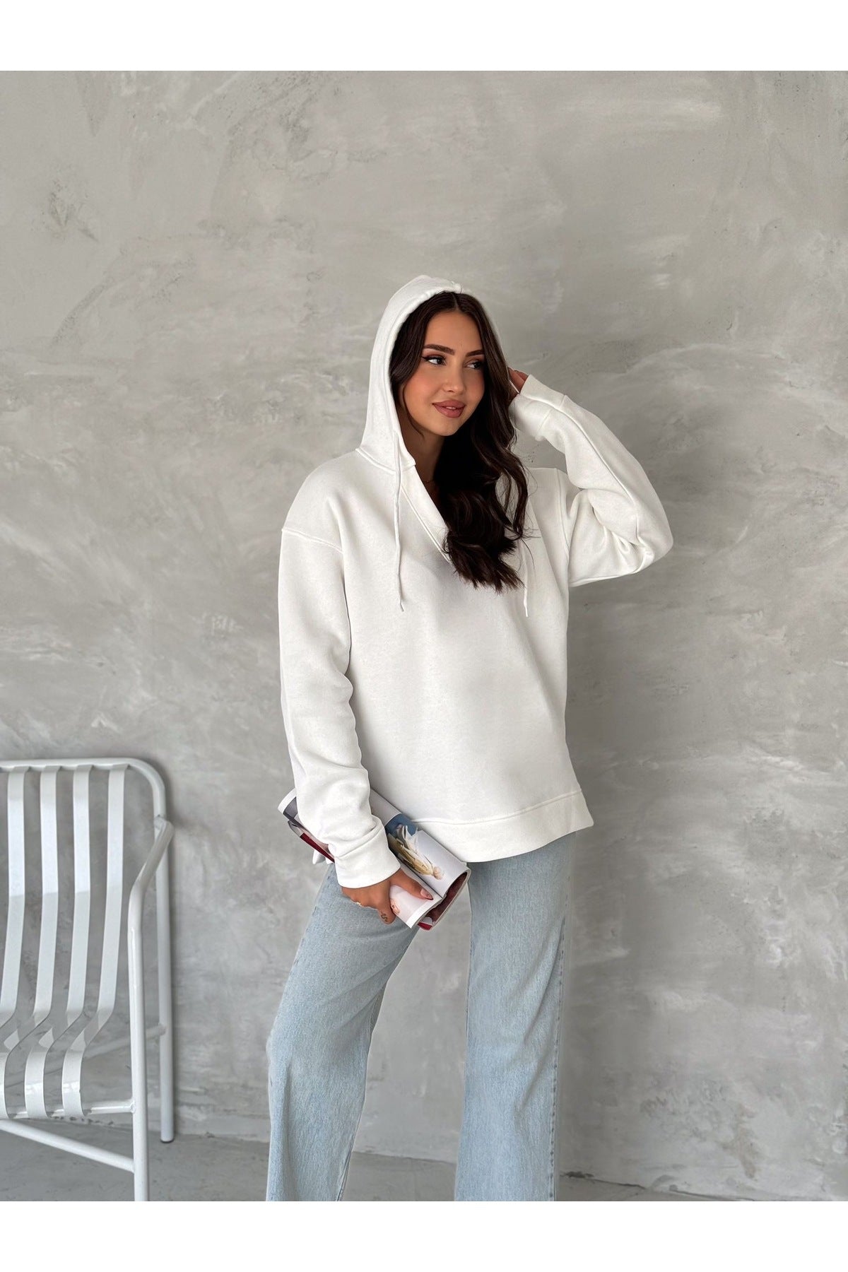 Kadın V Yaka Kapüşonlu Sweatshirt · Beyaz · 1 [ty:c85000a5935bb59f]