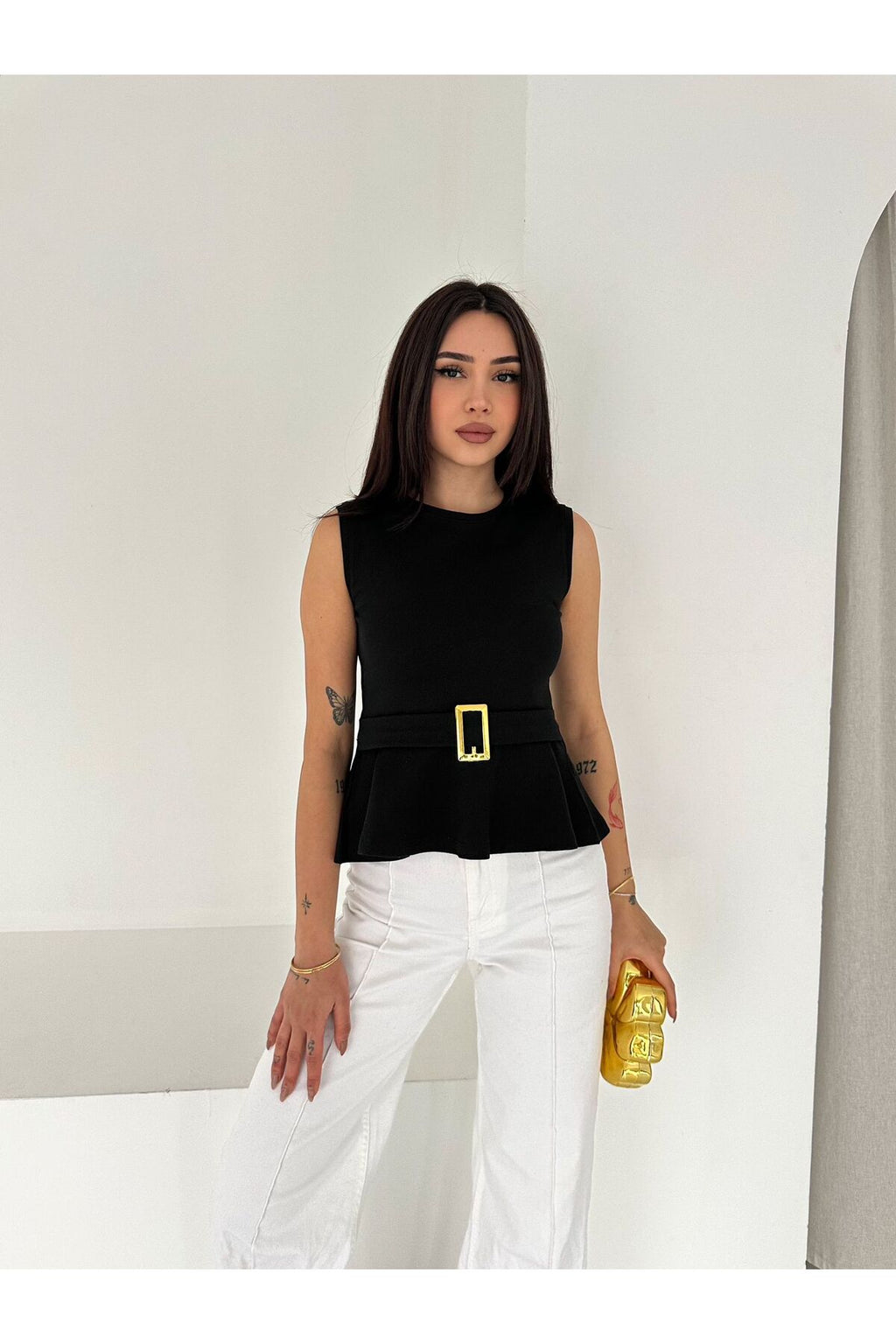 Kadın Kemer Detaylı Volanlı Bluz · Siyah · 1 [ty:62247878f89834b5]