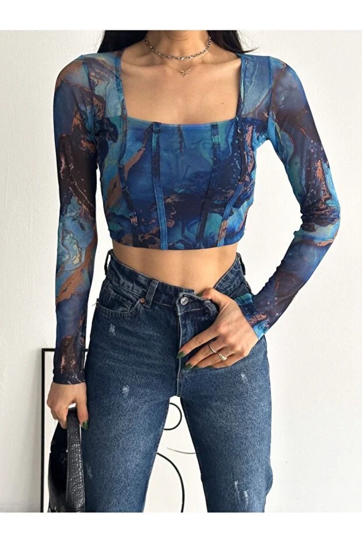 Kadın Tül Detaylı Kare Yaka Bluz · Mavi · 2 [ty:7d3a8106c0a39d78]
