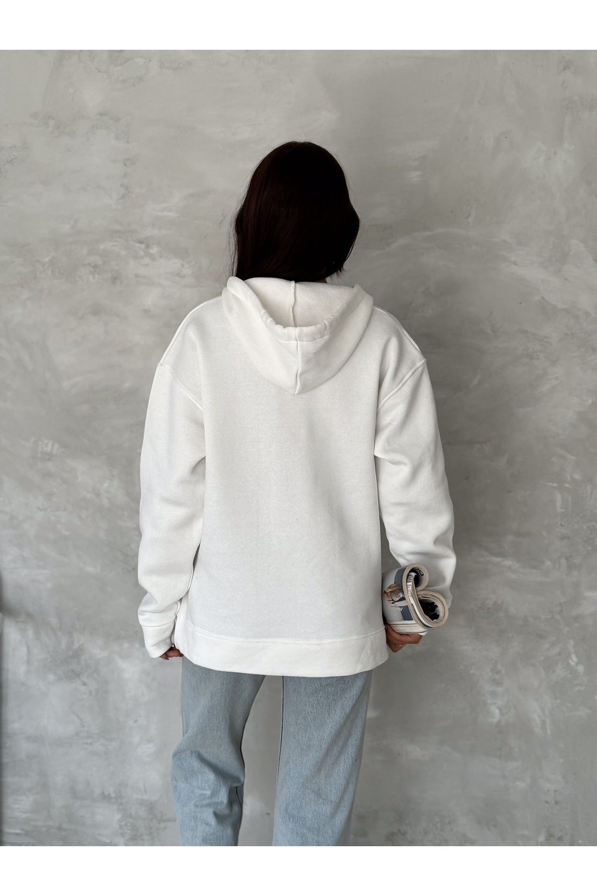 Kadın V Yaka Kapüşonlu Sweatshirt · Beyaz · 4 [ty:901e07eafb6f4feb]