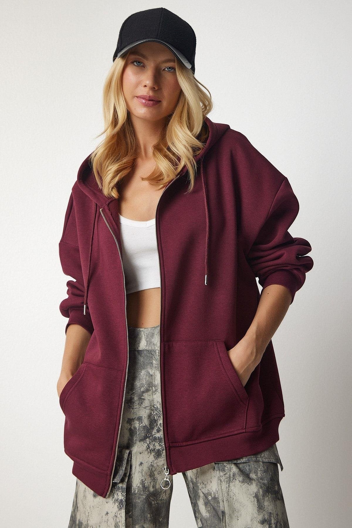 Kadın Fermuarlı Oversize Sweatshirt · Bordo · 1 [ty:70e63ef25607d0ec]