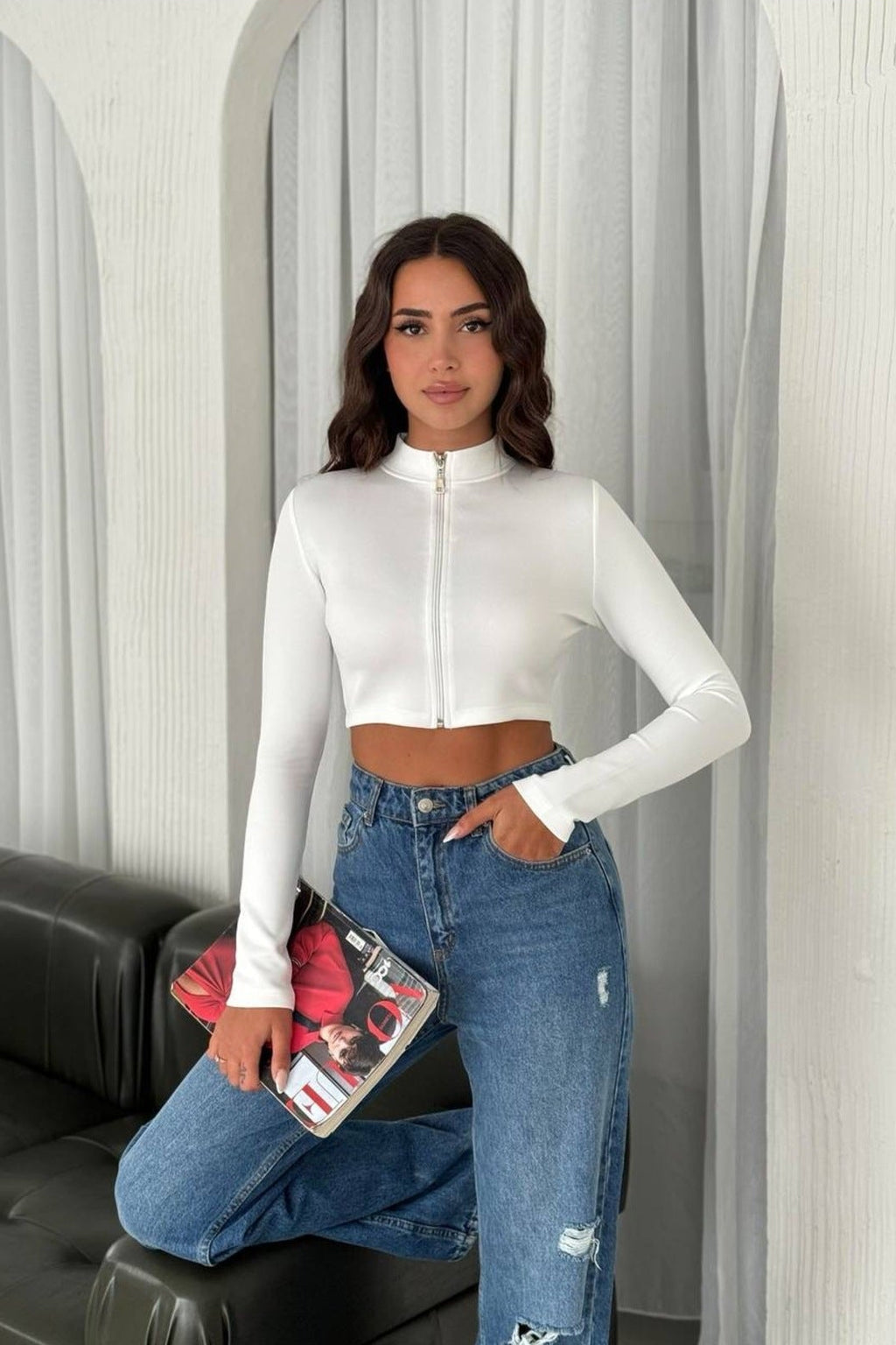 Kadın Fermuarlı Scuba Crop Sweatshirt - Beyaz · 4