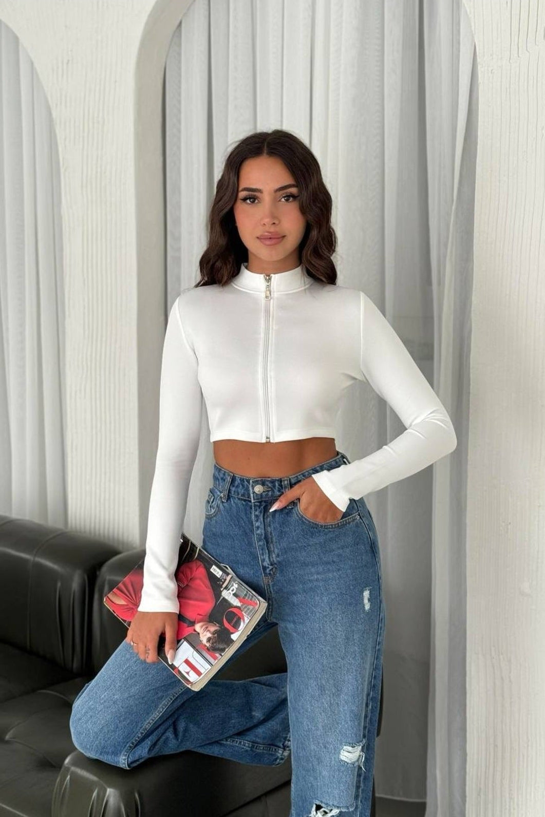 Kadın Fermuarlı Scuba Crop Sweatshirt - Beyaz · 4