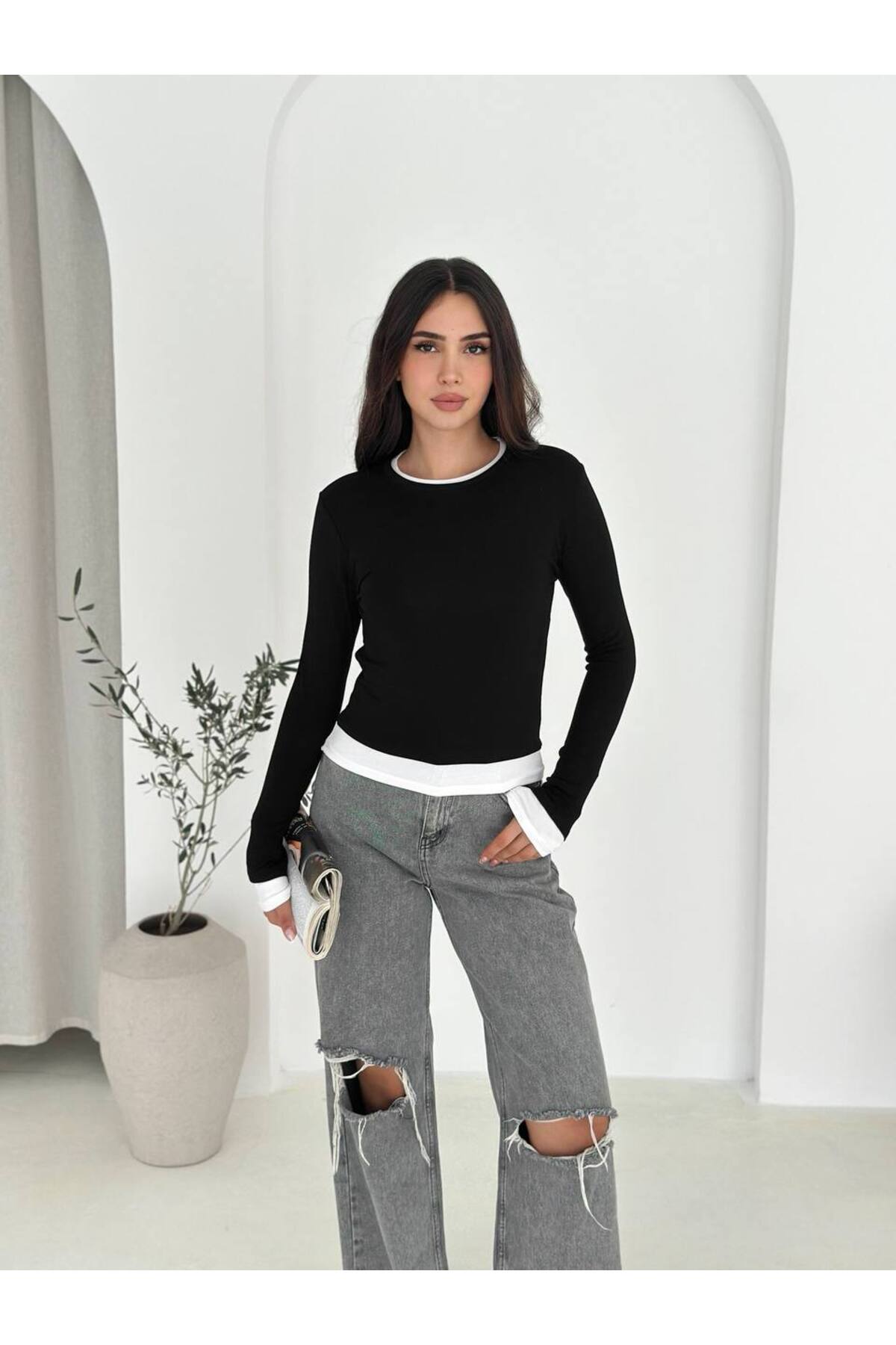 Kadın Basic İkili Görünüm Detaylı Crop · Siyah · 1 [ty:da8d34125cb28bb9]