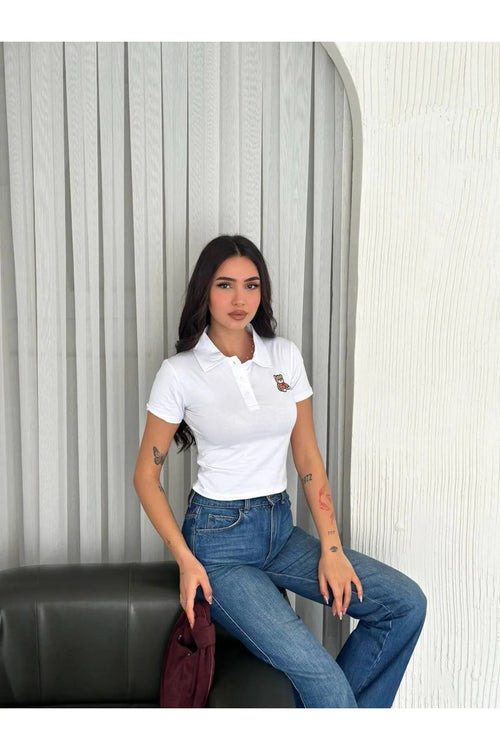 Kadın Ayıcık Nakış Detaylı Yakalı T-Shirt · Beyaz · 1 [ty:97f102cc32c759d3]