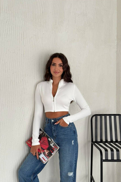 Kadın Fermuarlı Scuba Crop Sweatshirt - Beyaz · 1