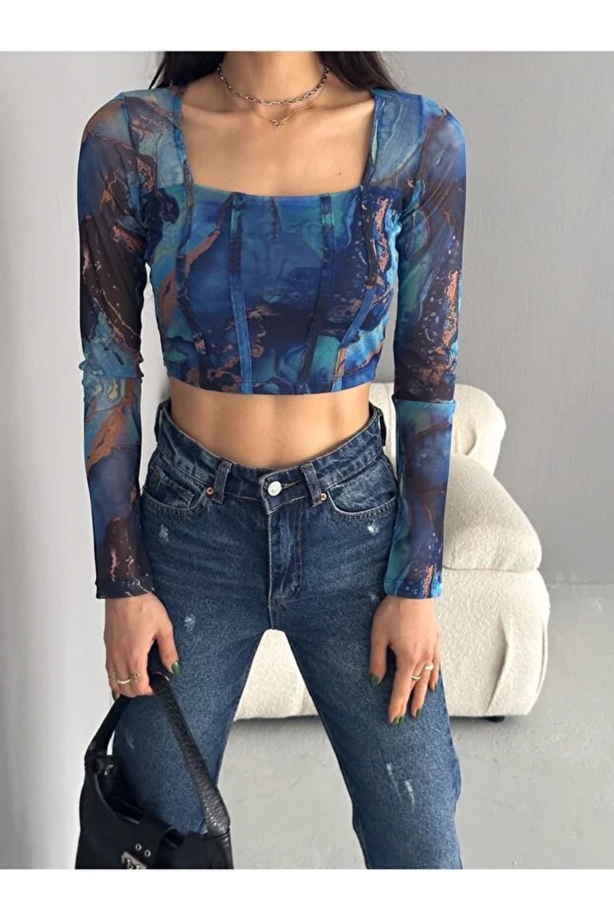 Kadın Tül Detaylı Kare Yaka Bluz · Mavi · 5 [ty:836b81a461701257]