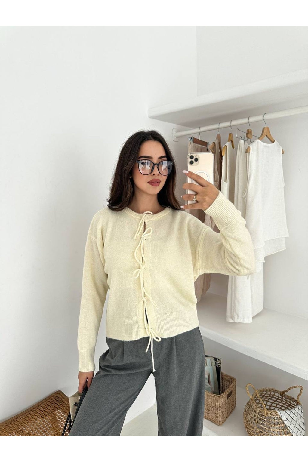 Kadın Tiftik Kalın Bağcıklı Hırka · Bej · 2 [ty:b8fb3767d95a01f0]