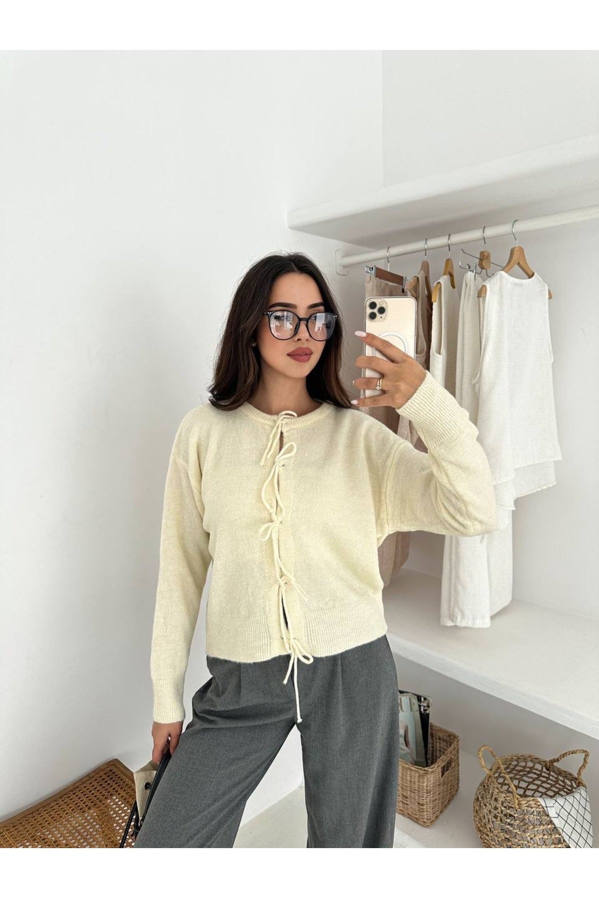 Kadın Tiftik Kalın Bağcıklı Hırka · Bej · 2 [ty:b8fb3767d95a01f0]