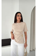 Kadın Ön Büzgülü Toka Detaylı T-Shirt · Ekru · 1 [ty:43b635993ff542db]