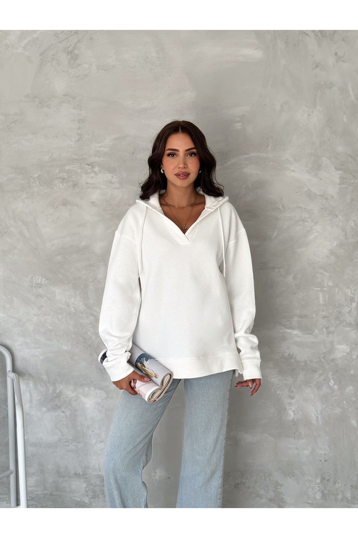 Kadın V Yaka Kapüşonlu Sweatshirt · Beyaz · 3 [ty:847af7d7880077c9]