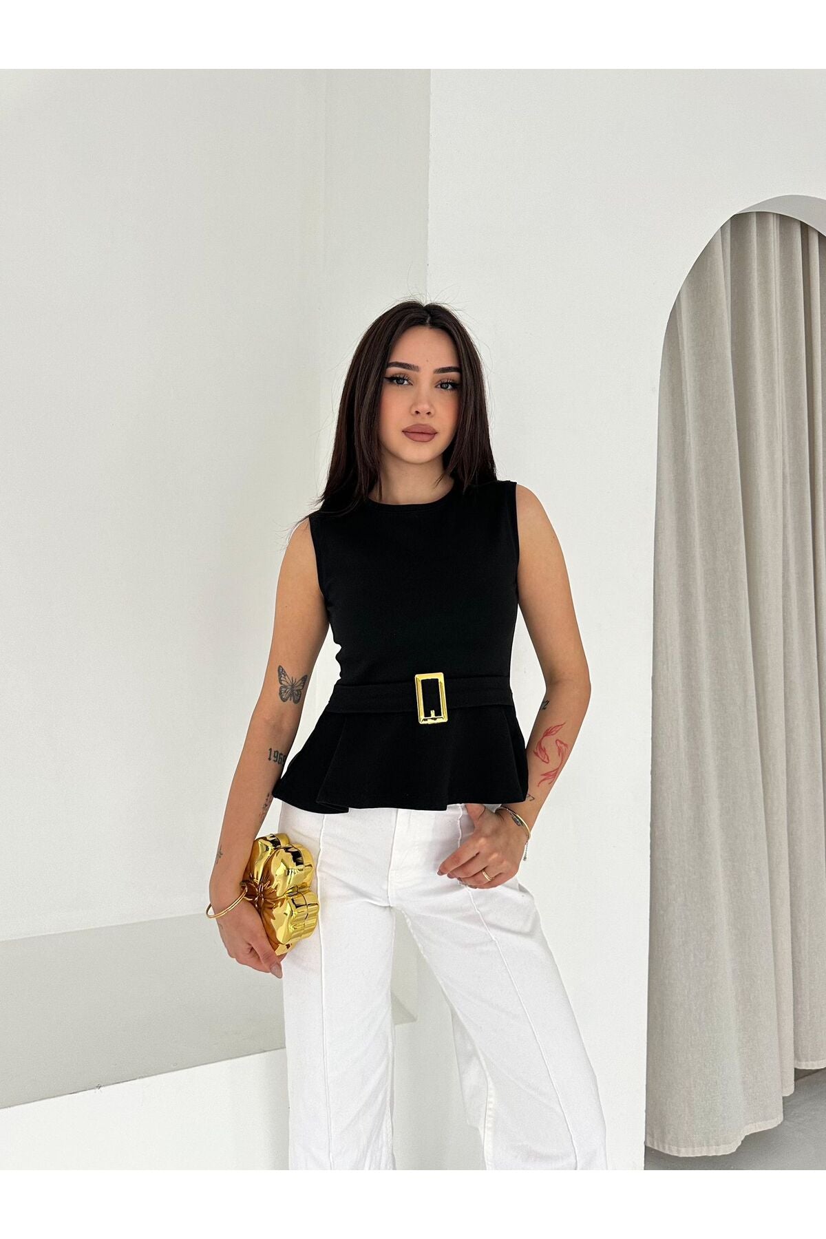 Kadın Kemer Detaylı Volanlı Bluz · Siyah · 4 [ty:299a68b05a4a45ae]