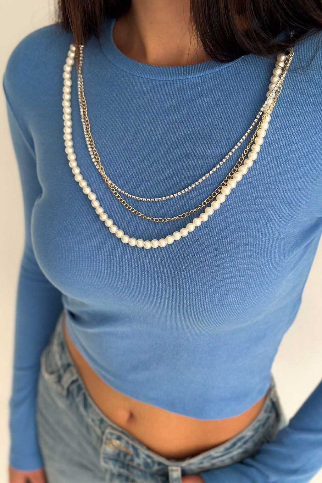 Kadın İnci Kolyeli Crop · Mavi · 3