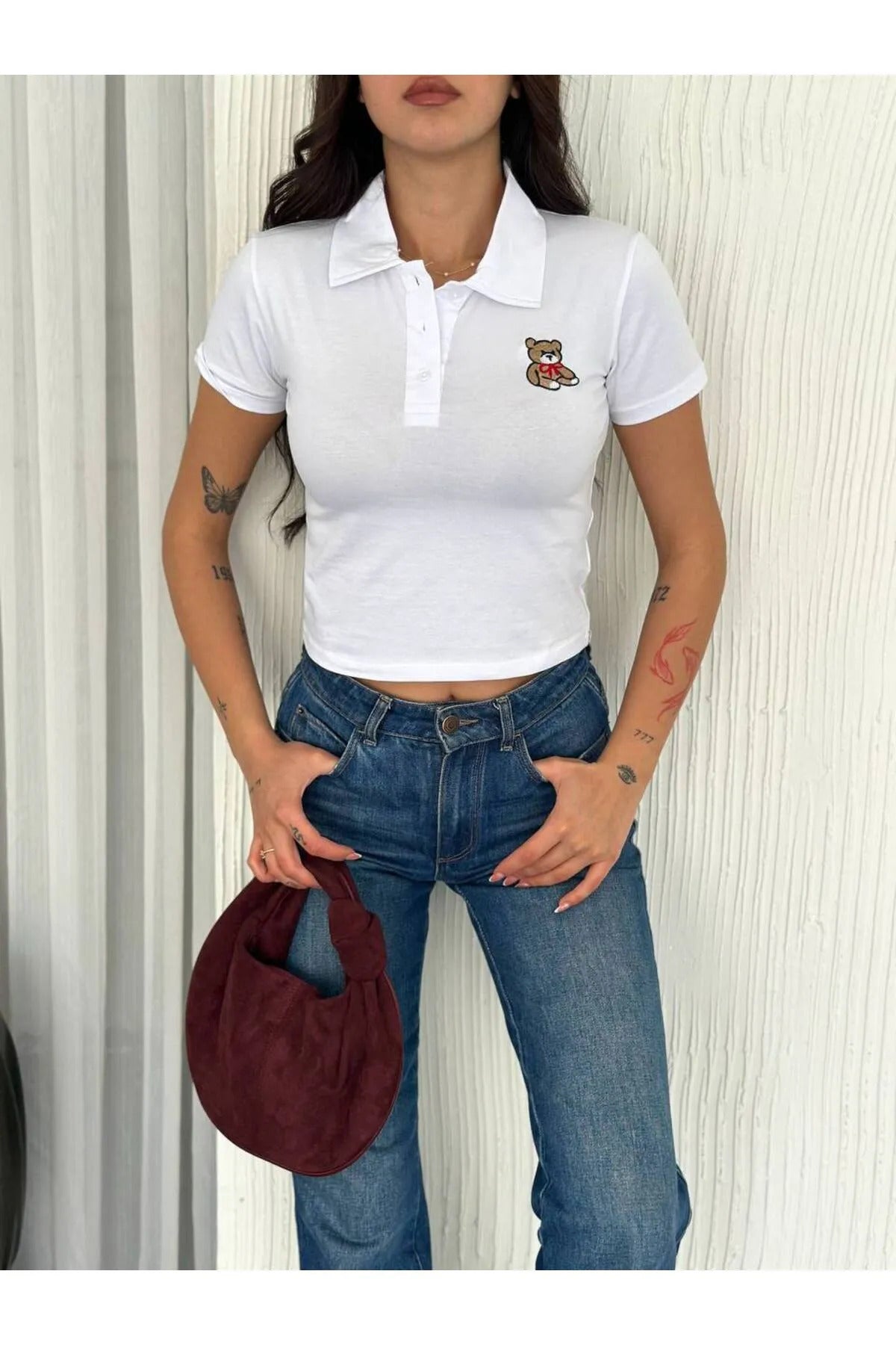 Kadın Ayıcık Nakış Detaylı Yakalı T-Shirt · Beyaz · 2 [ty:09e2edee04f7d5ef]