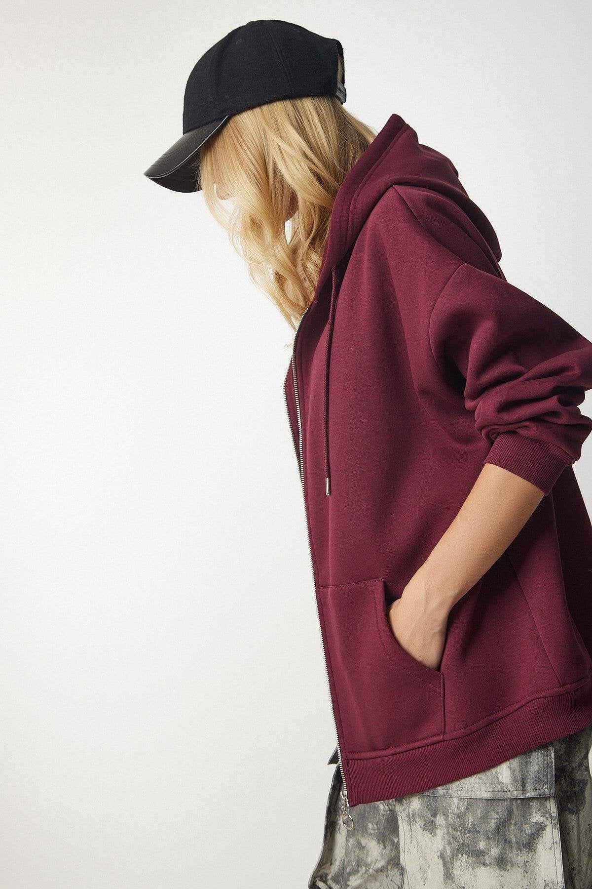 Kadın Fermuarlı Oversize Sweatshirt · Bordo · 2 [ty:85572f5cc4925e11]