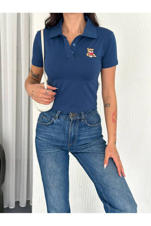 Kadın Ayıcık Nakış Detaylı Yakalı T-Shirt · Lacivert · 1 [ty:1aae00f728ffe602]