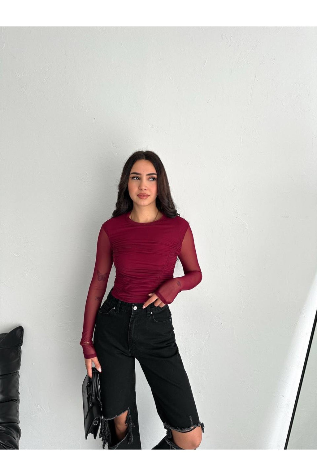 Kadın Tül Detaylı Bluz · Bordo · 1 [ty:c9d5f9637a610b6a]