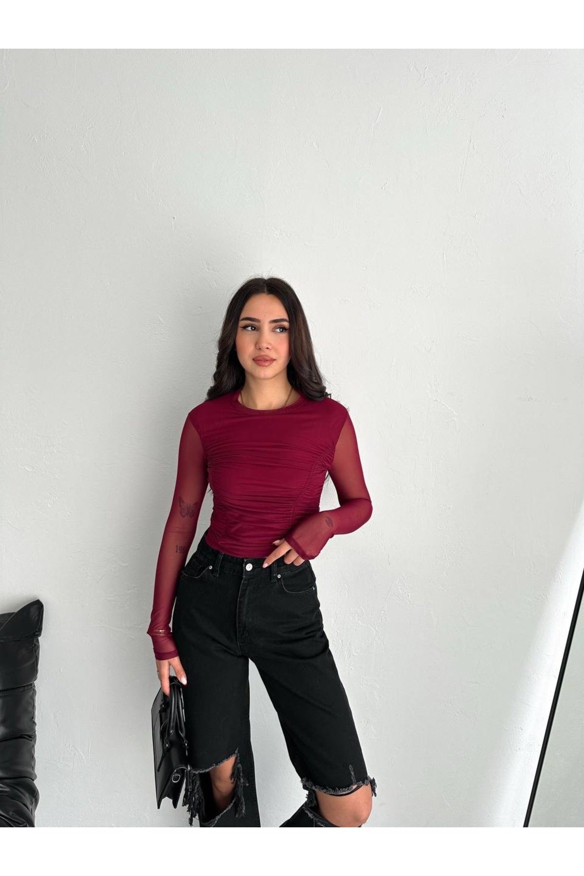 Kadın Tül Detaylı Bluz · Bordo · 1 [ty:c9d5f9637a610b6a]