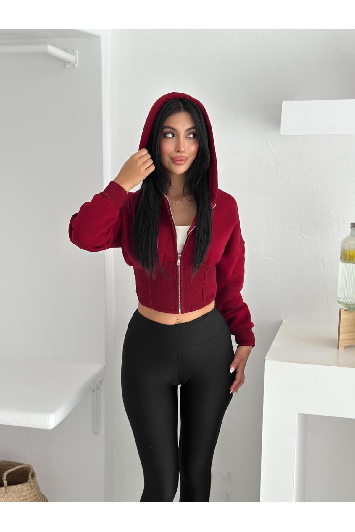 Kadın Korse Manşetli 3 İplik Sweatshirt · Bordo · 1 [ty:b043dbd37ffc585a]