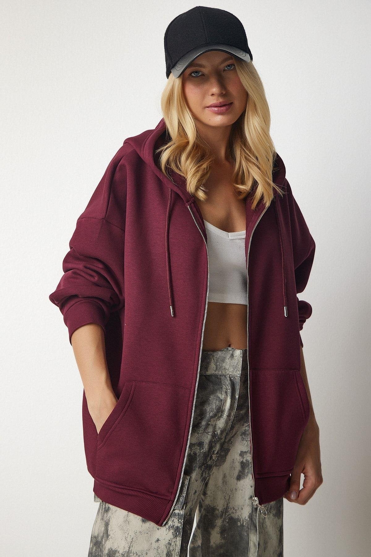 Kadın Fermuarlı Oversize Sweatshirt · Bordo · 4 [ty:988a5185e5aa77b0]