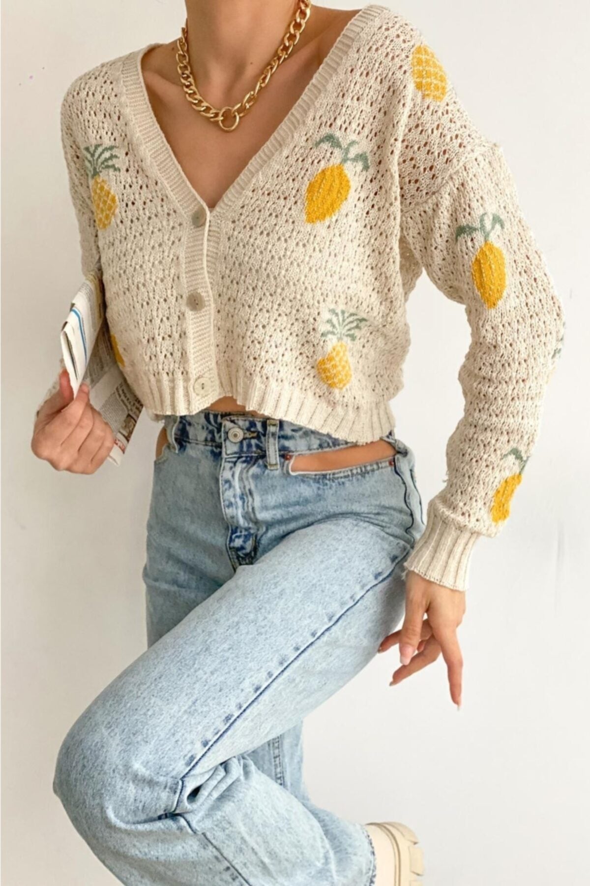 Kadın Ekru Limon Ananas Desenli Hırka · Ekru · 2