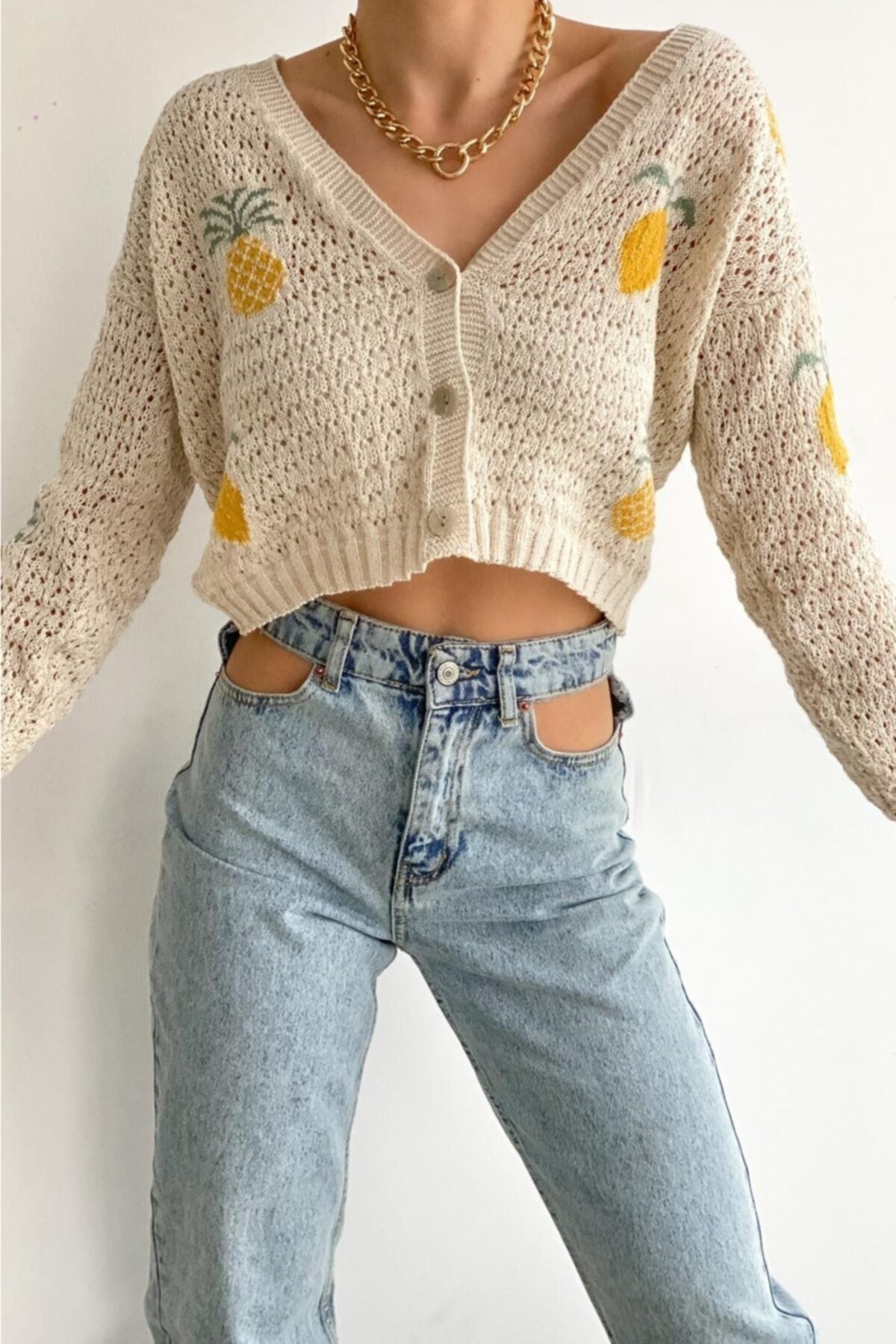 Kadın Ekru Limon Ananas Desenli Hırka · Ekru · 3