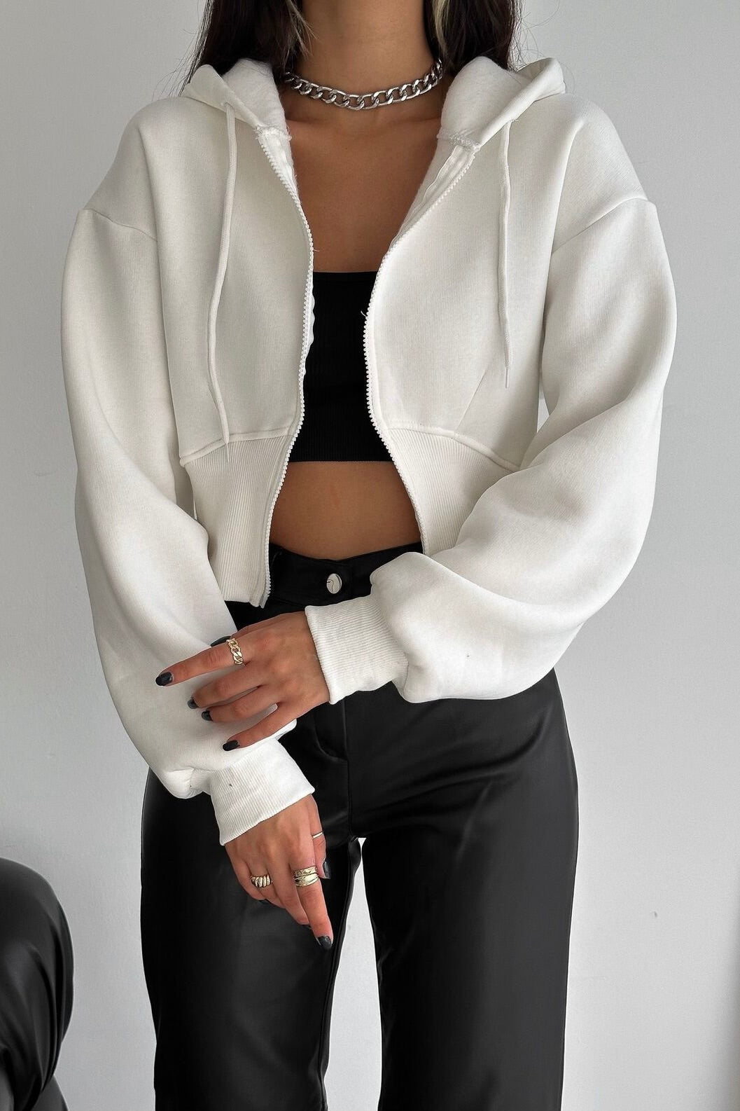Kadın Beyaz Korse Detaylı Manşet 3 İplik Fermuarlı Sweatshirt