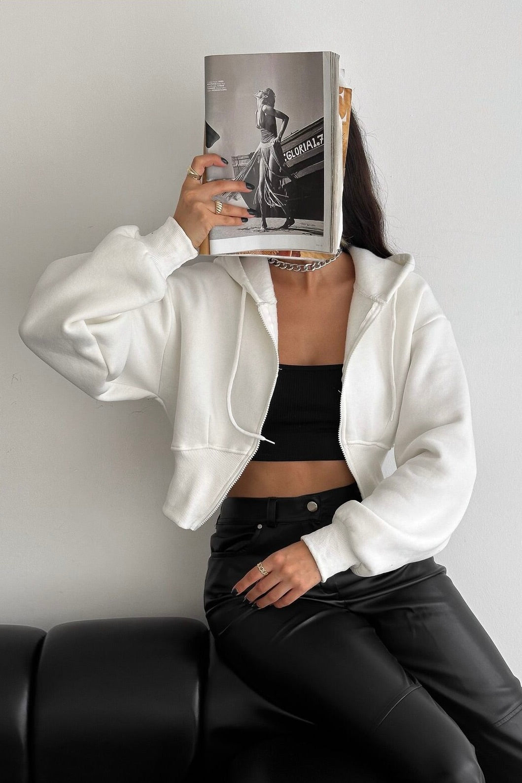 Kadın Beyaz Korse Detaylı Manşet 3 İplik Fermuarlı Sweatshirt