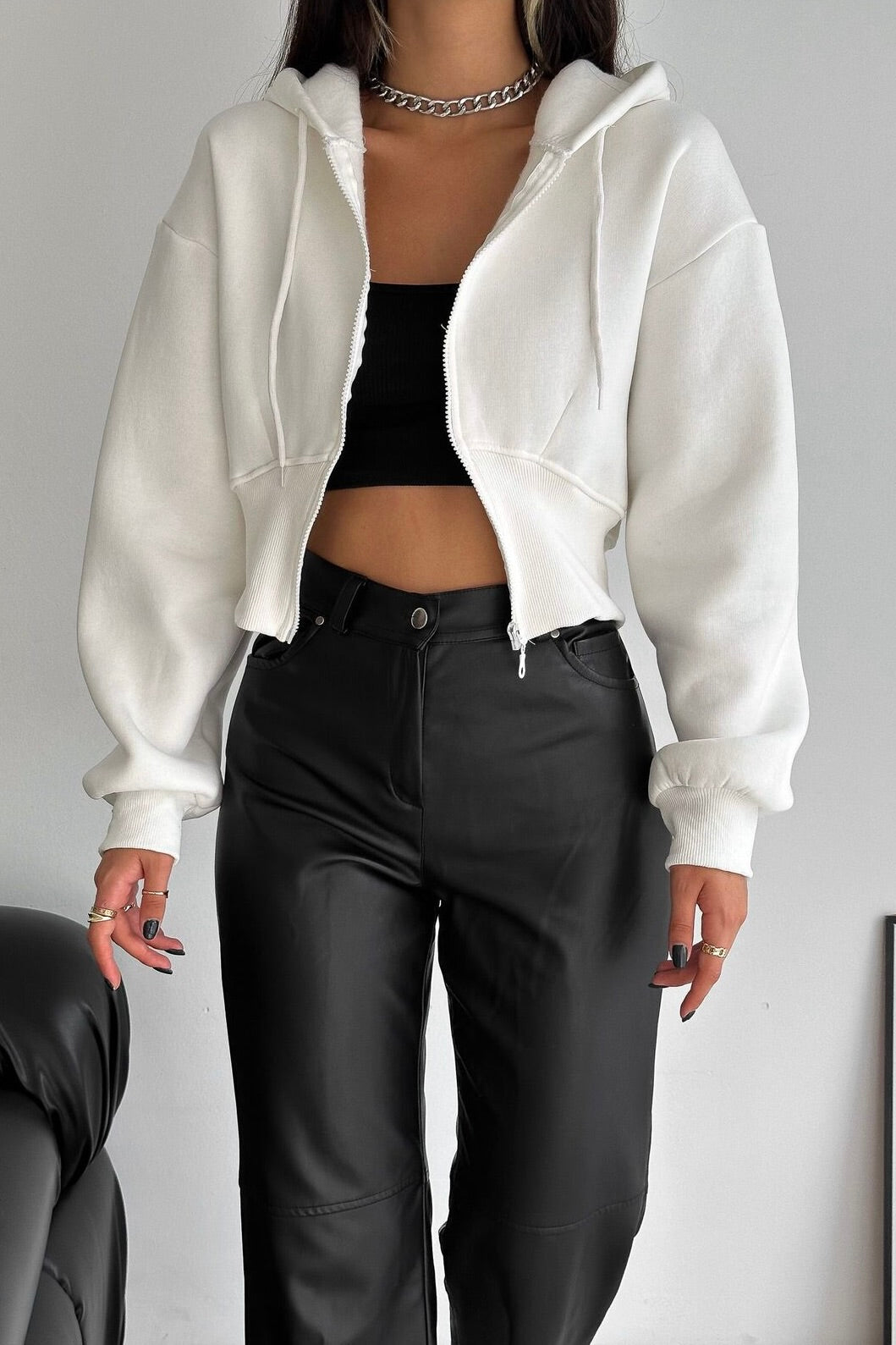 Kadın Beyaz Korse Detaylı Manşet 3 İplik Fermuarlı Sweatshirt