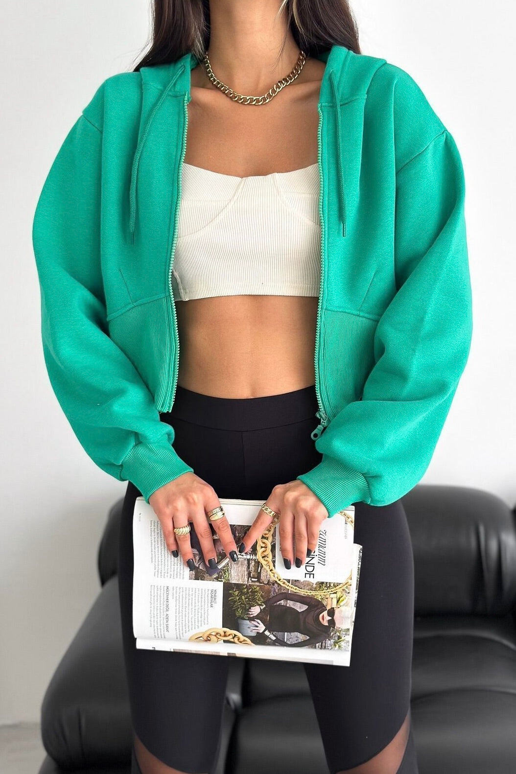 Kadın Yeşil Korse Detaylı Manşet 3 İplik Fermuarlı Sweatshirt
