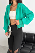 Kadın Yeşil Korse Detaylı Manşet 3 İplik Fermuarlı Sweatshirt