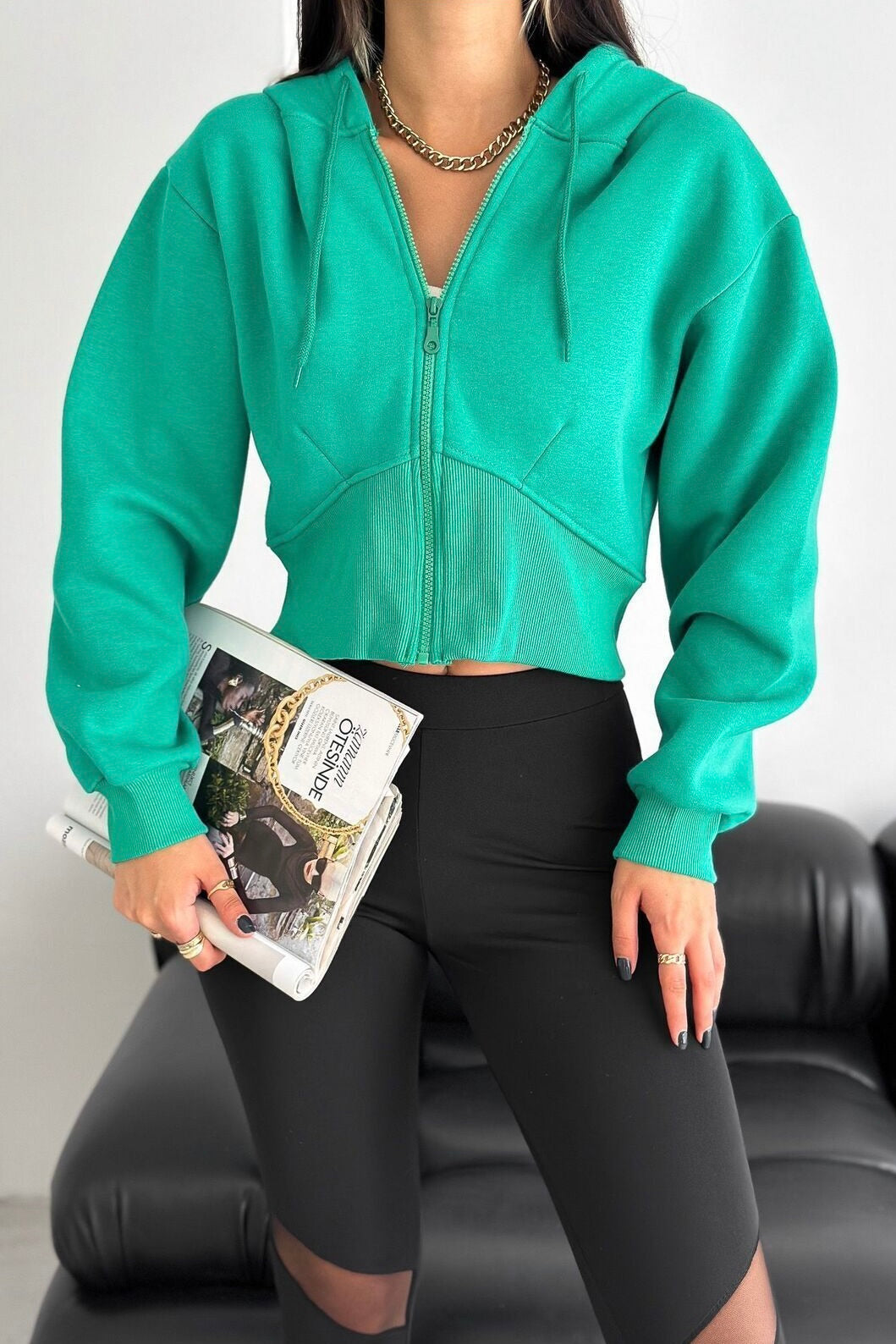 Kadın Yeşil Korse Detaylı Manşet 3 İplik Fermuarlı Sweatshirt