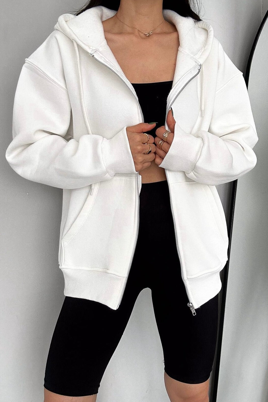 Kadın Beyaz Fermuarlı 3 İplik Oversize Sweatshirt