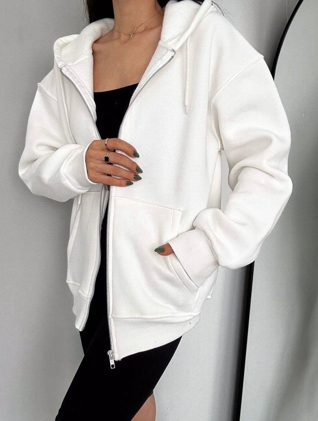 Kadın Beyaz Fermuarlı 3 İplik Oversize Sweatshirt