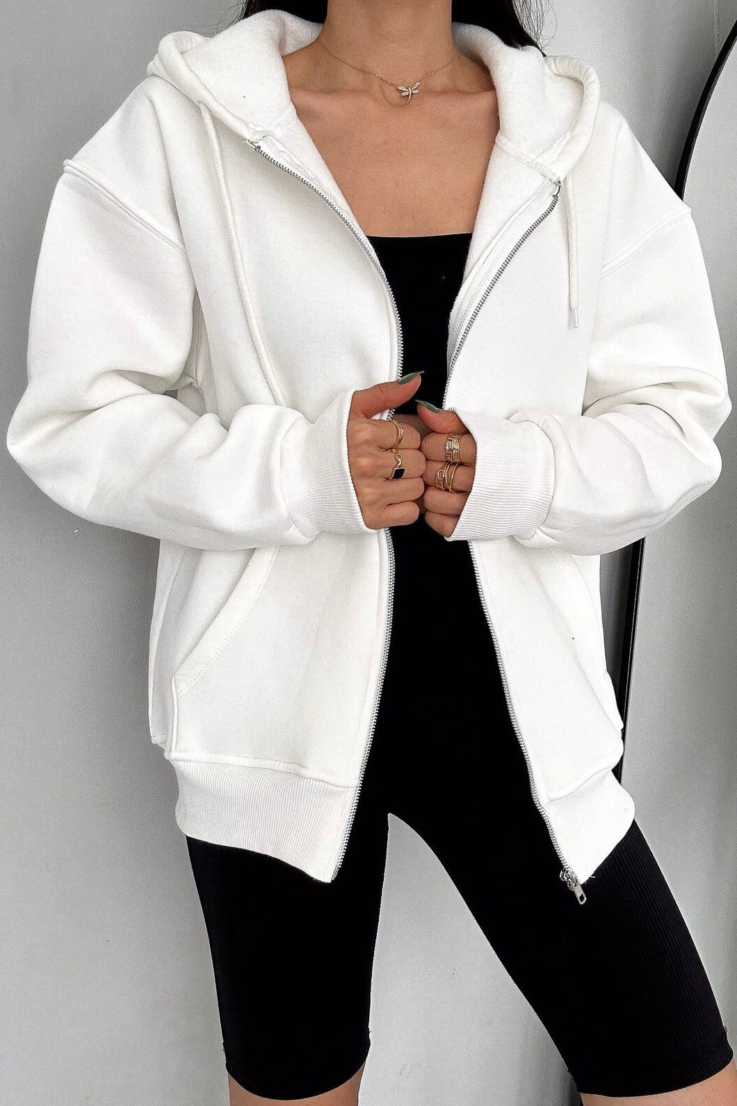 Kadın Beyaz Fermuarlı 3 İplik Oversize Sweatshirt