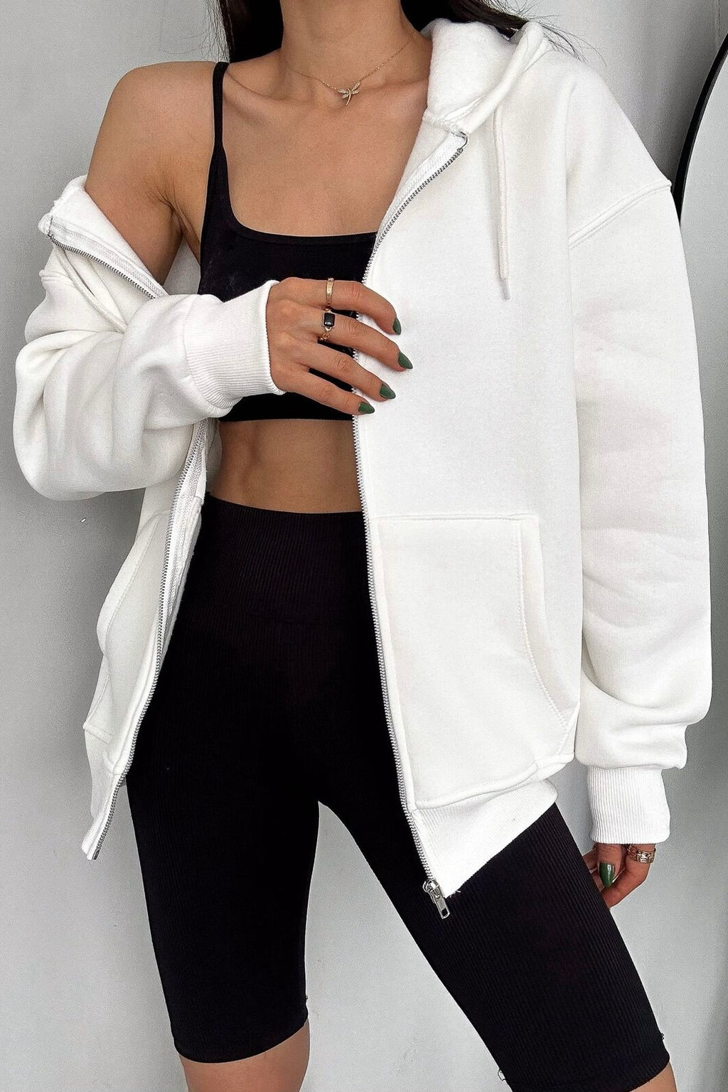 Kadın Beyaz Fermuarlı 3 İplik Oversize Sweatshirt