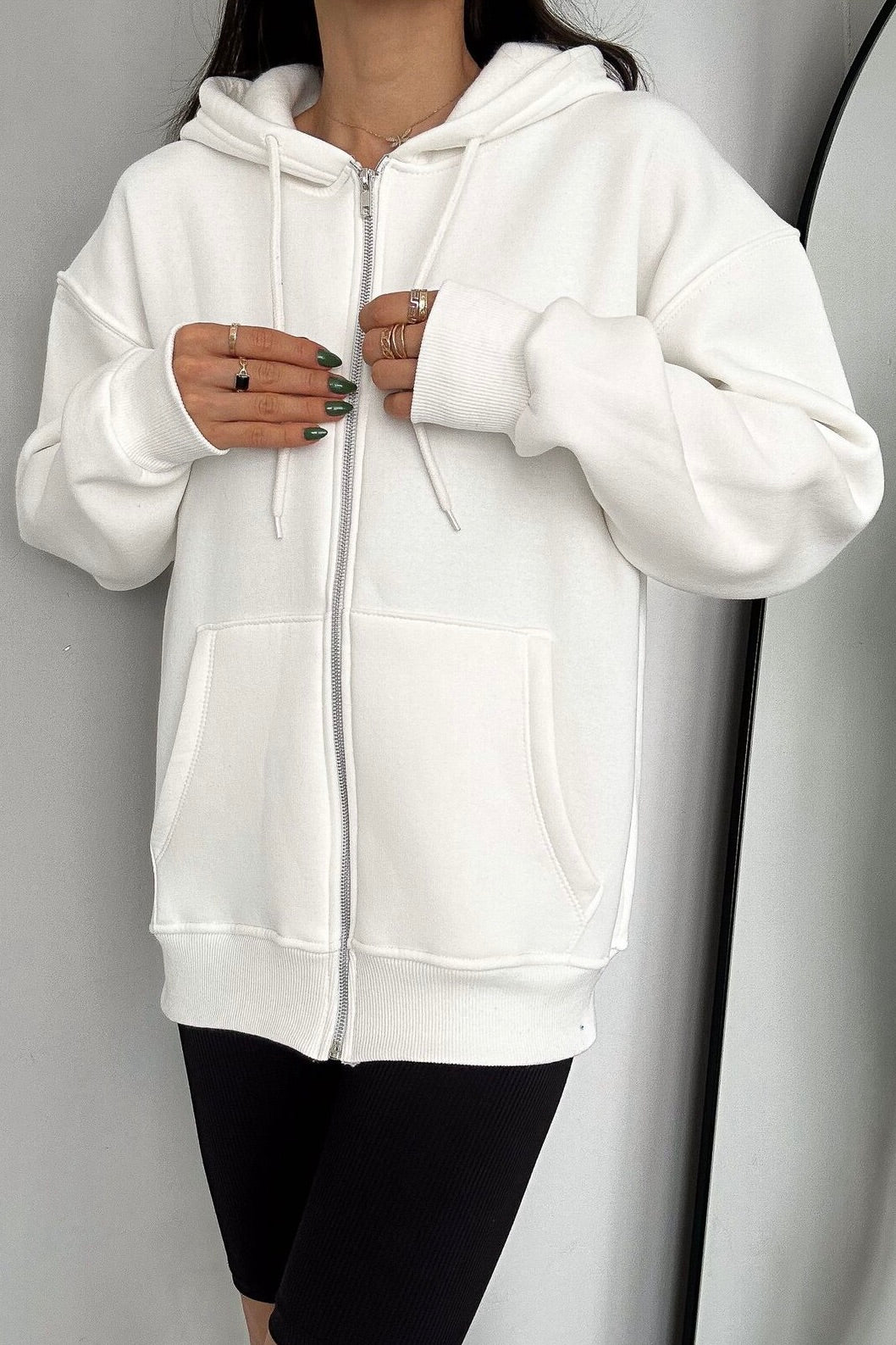 Kadın Beyaz Fermuarlı 3 İplik Oversize Sweatshirt