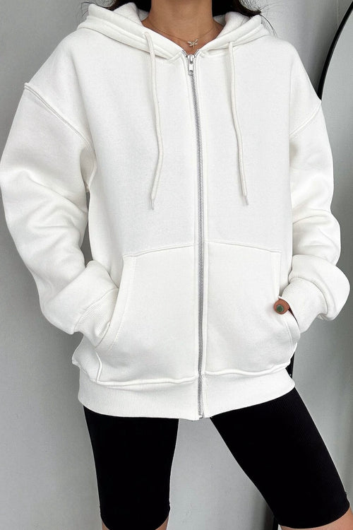 Kadın Beyaz Fermuarlı 3 İplik Oversize Sweatshirt